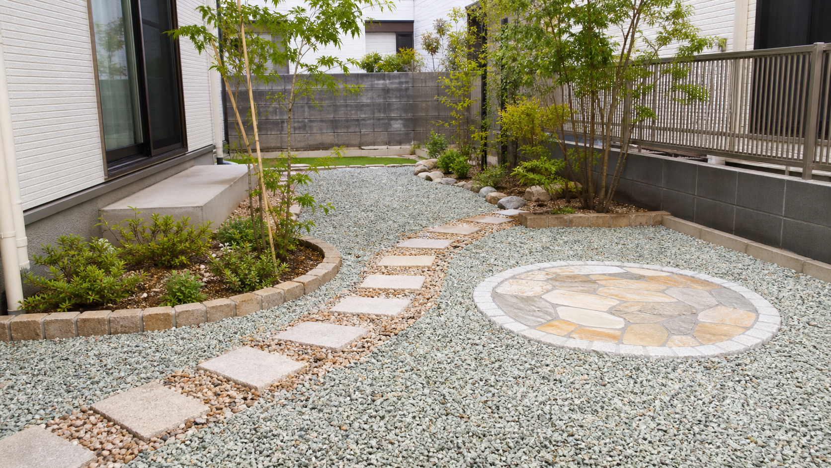 雑草対策として石と砂利を敷いた手入れしやすい庭