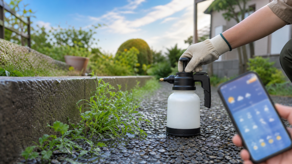 雨上がりの庭で除草剤を撒くタイミングを確認している様子