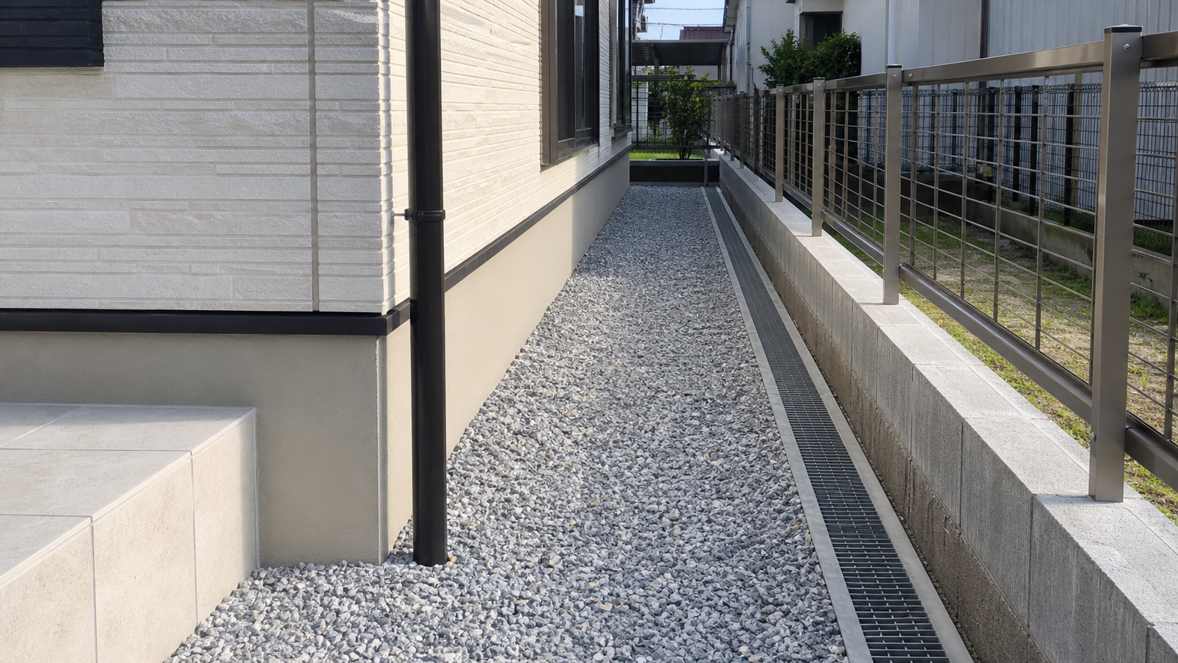 砂利と排水溝で整えた家周りの雑草対策