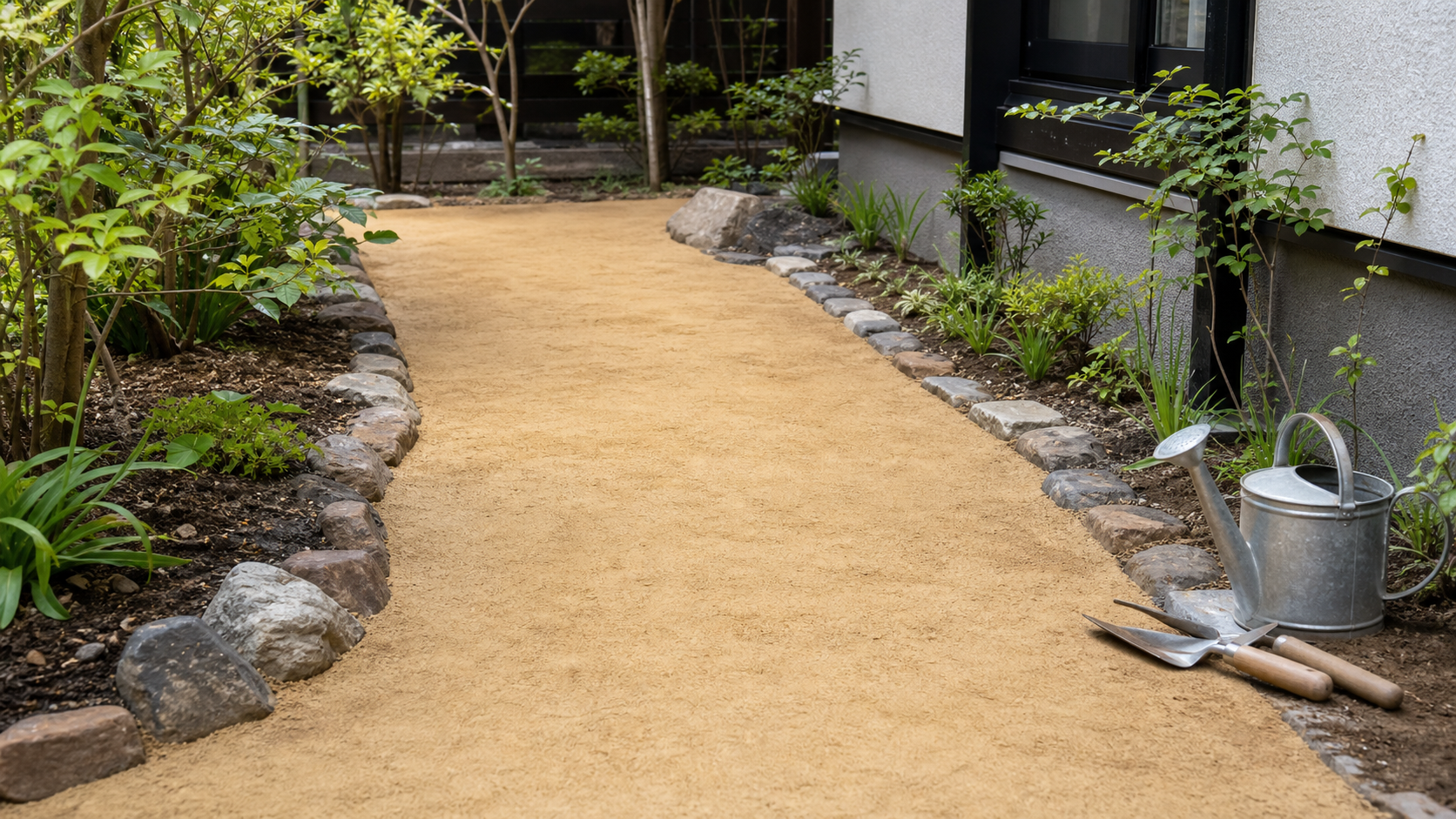 固まる土で雑草対策した庭の通路
