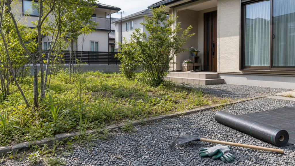 一戸建ての庭で雑草対策用の防草シートと砂利を準備している様子