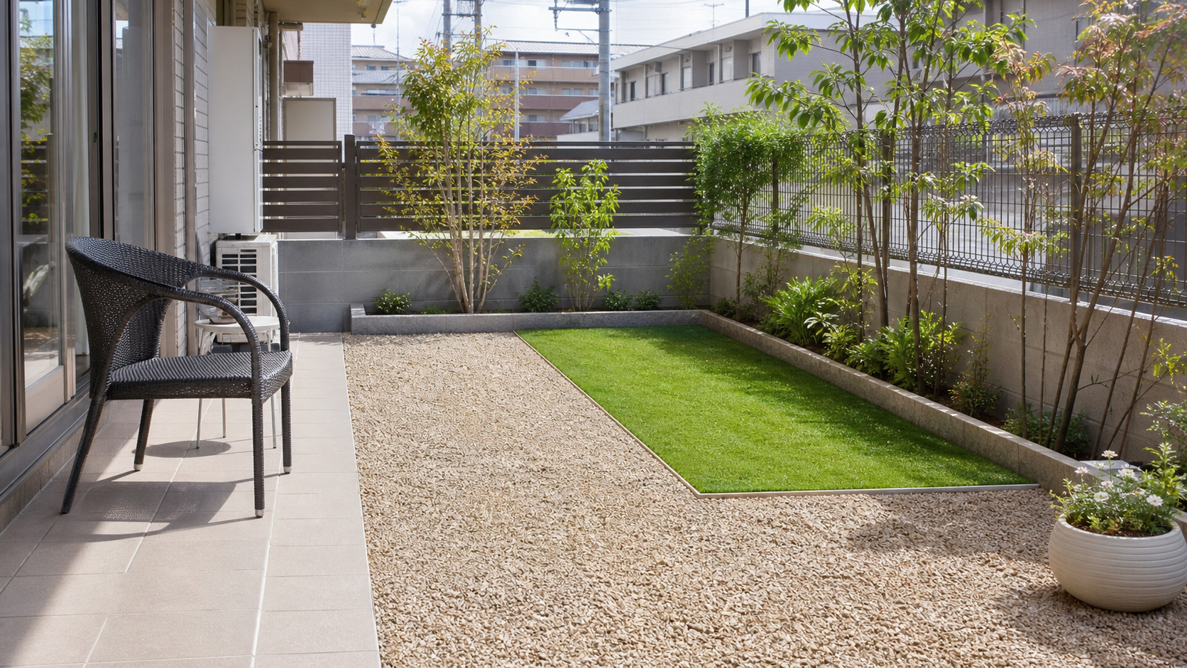 マンション専用庭で砂利と人工芝を使った雑草対策をした小さな庭
