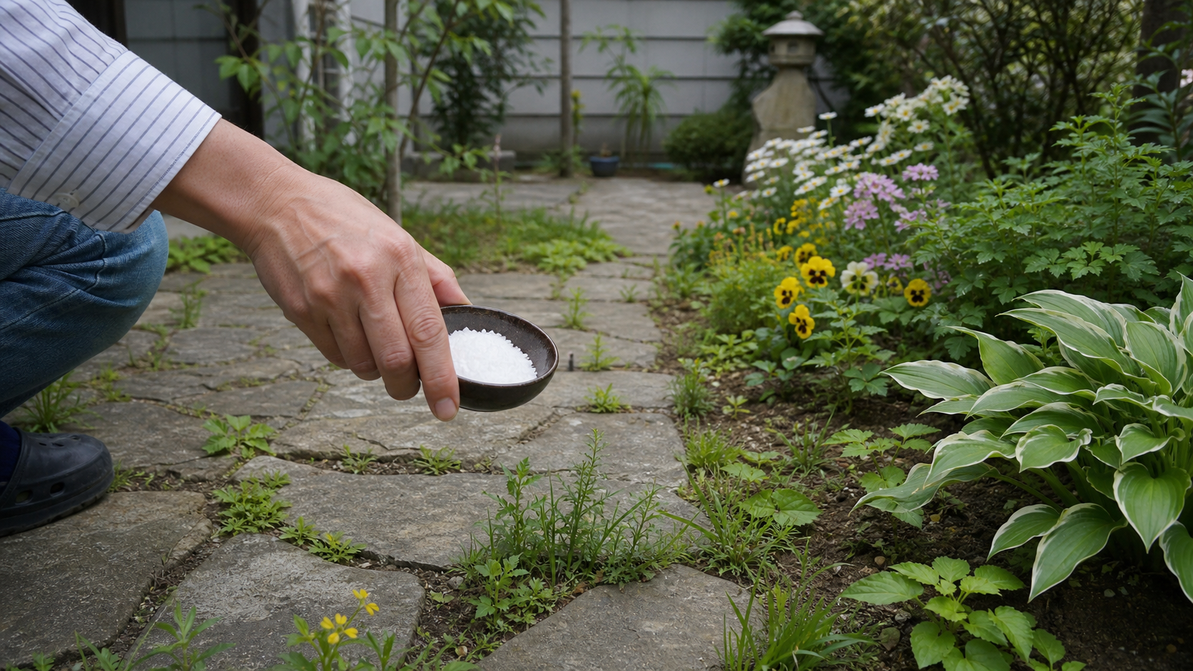 雑草対策に塩を使う前に立ち止まる庭の様子