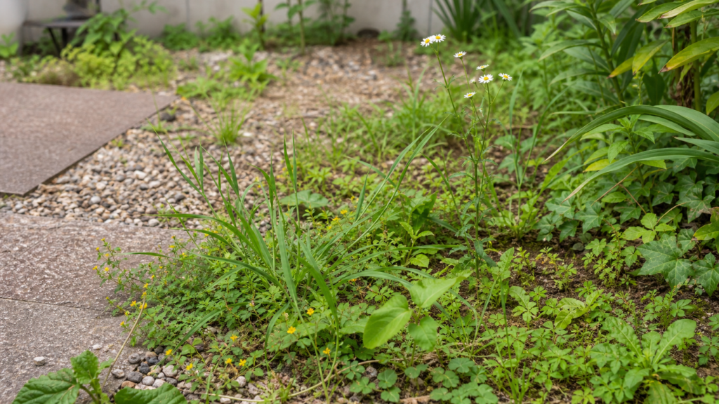 庭に生える雑草の種類を見分けるための庭の様子