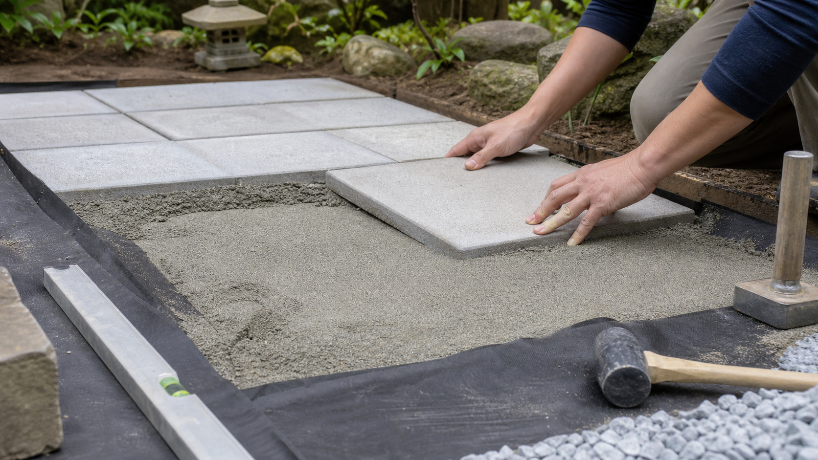防草シートと砂の下地の上に平板を置くDIY作業
