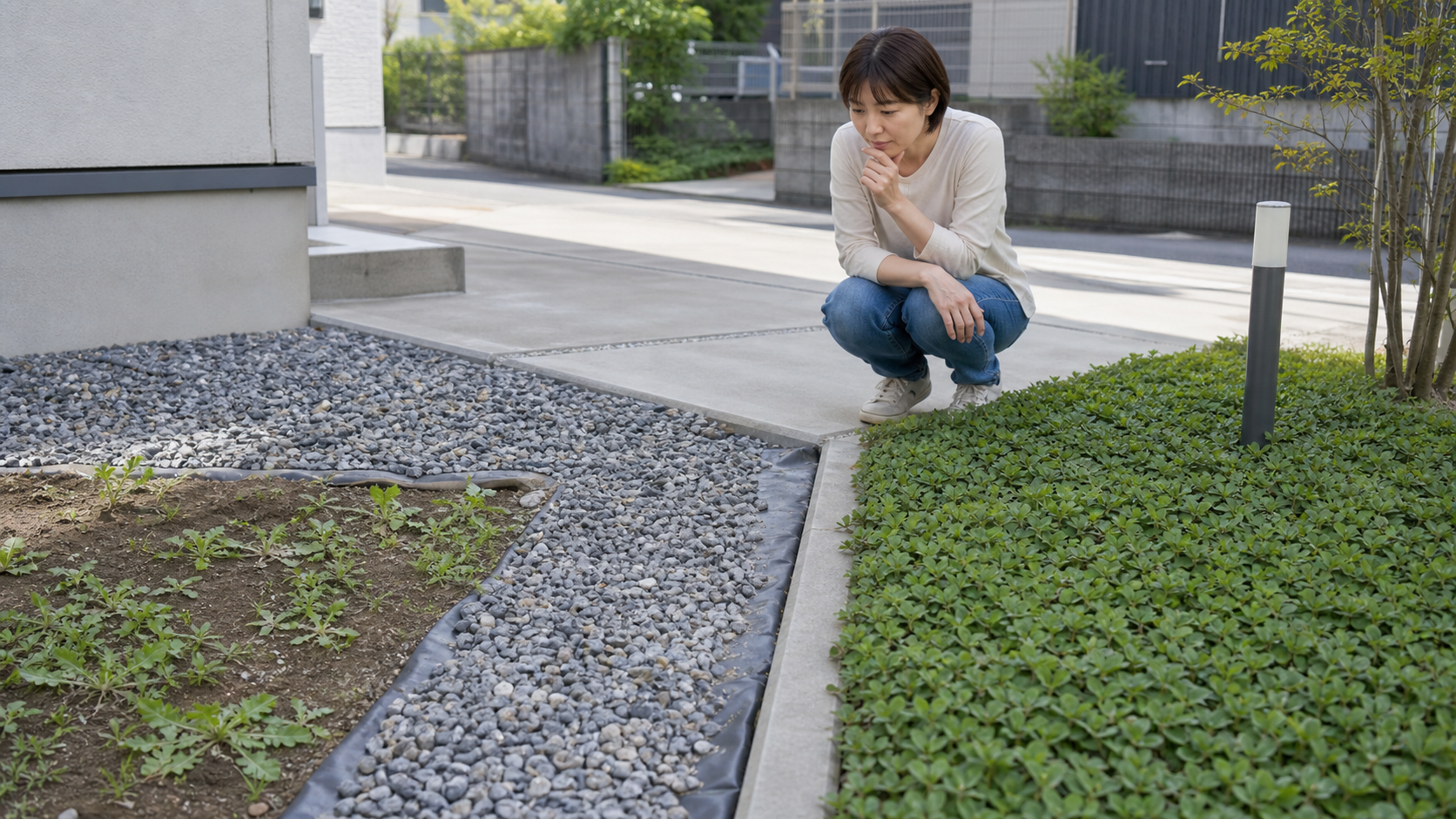 庭や駐車場で雑草対策の選び方を比較している様子
