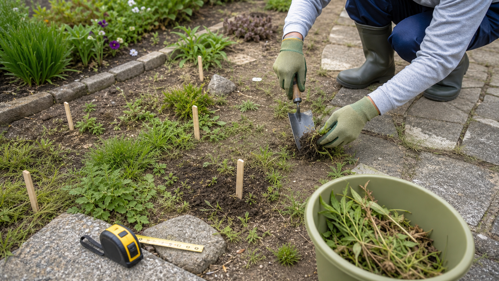 庭の草の種類や面積を見て雑草対策を判断する作業