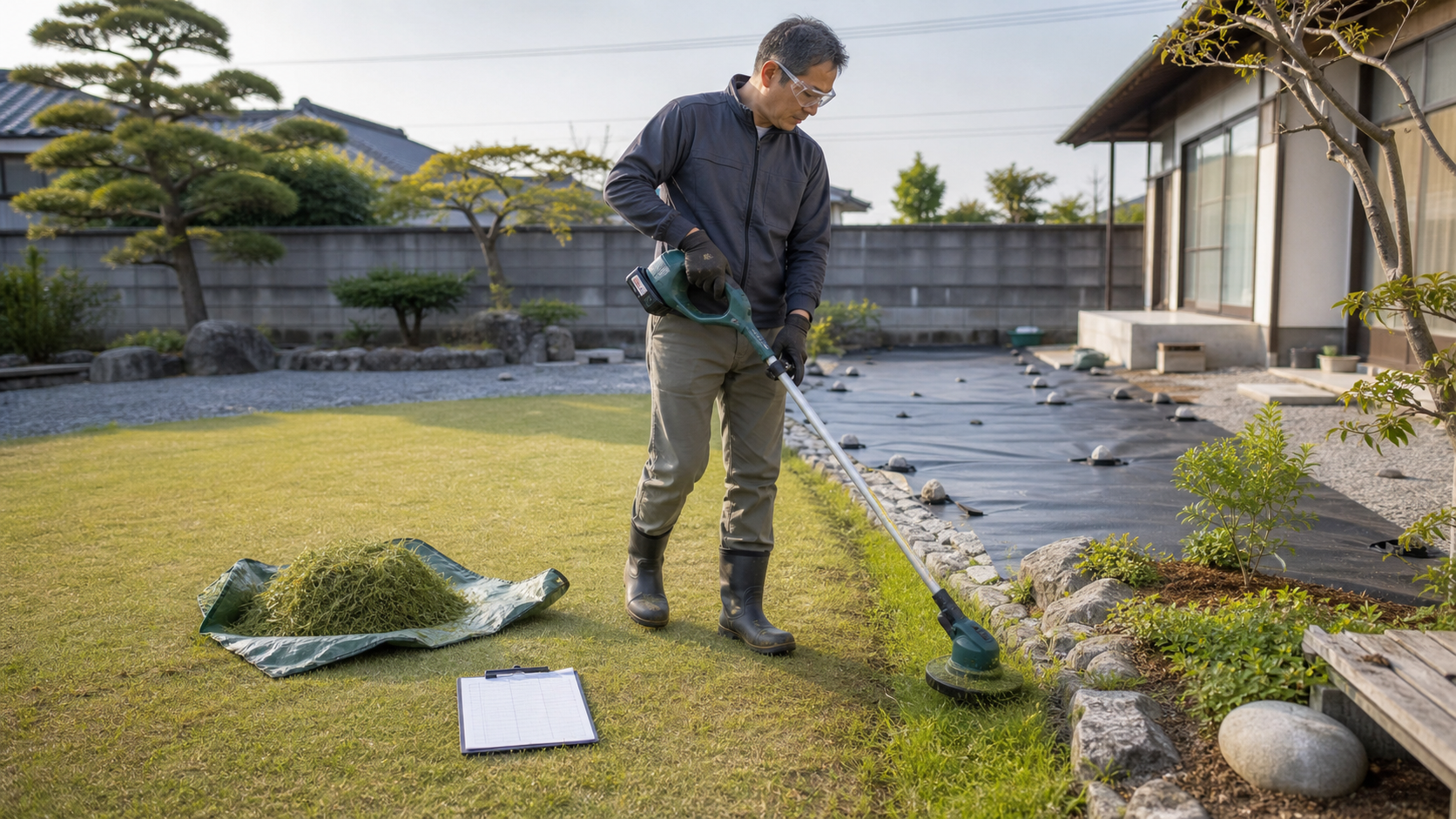 広い庭で草刈機を使って雑草を管理する様子