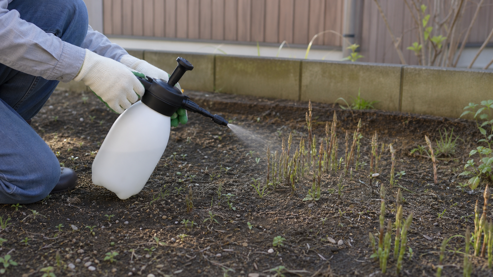 スギナへ茎葉処理型除草剤を散布する作業