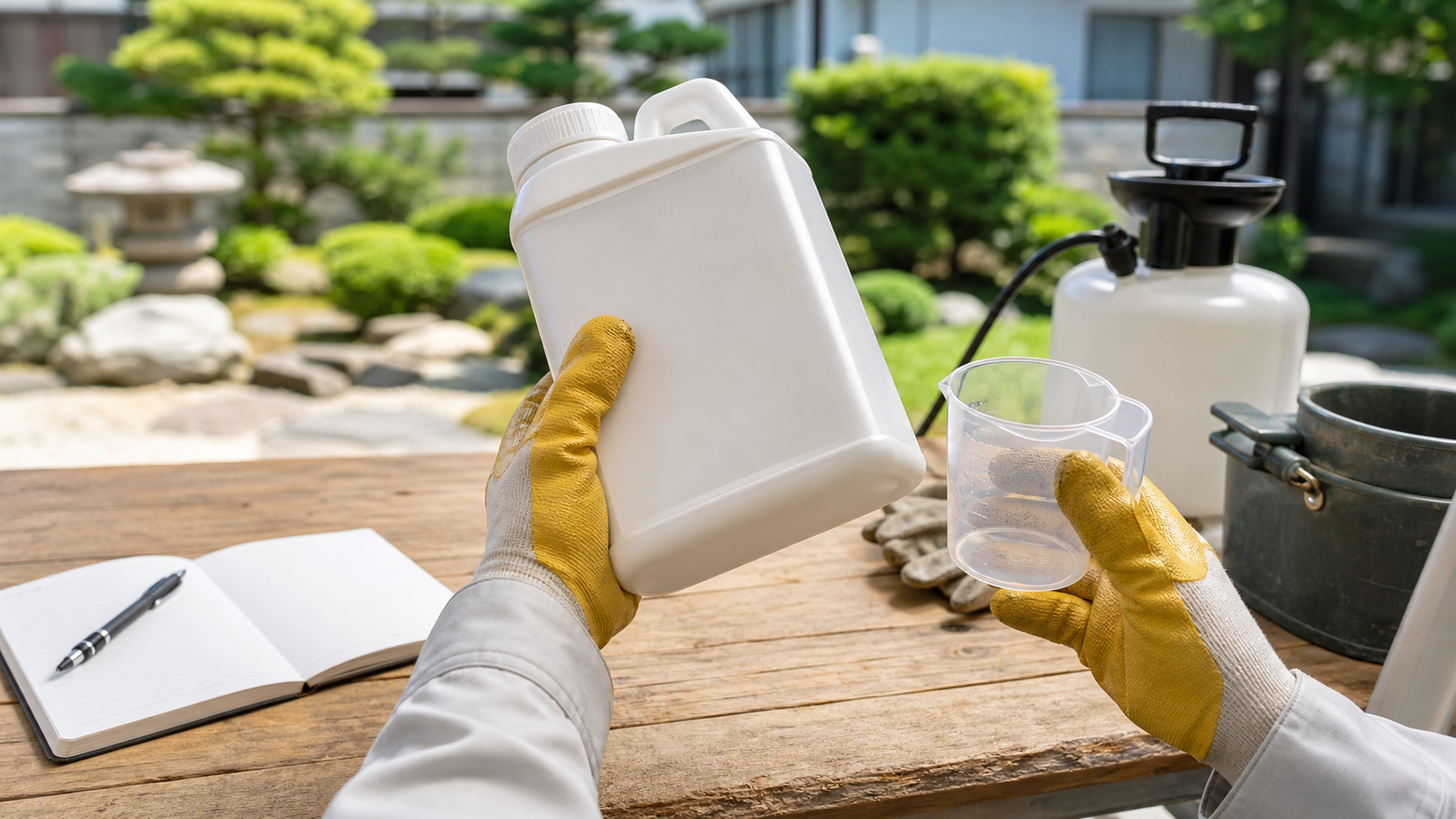 除草剤を使う前にラベルと計量カップを確認する様子