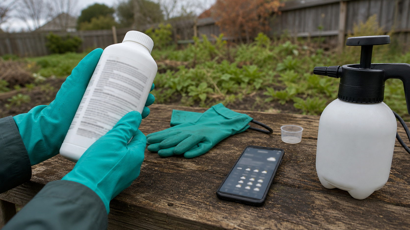 除草剤のラベルと天気予報を確認してから作業する様子