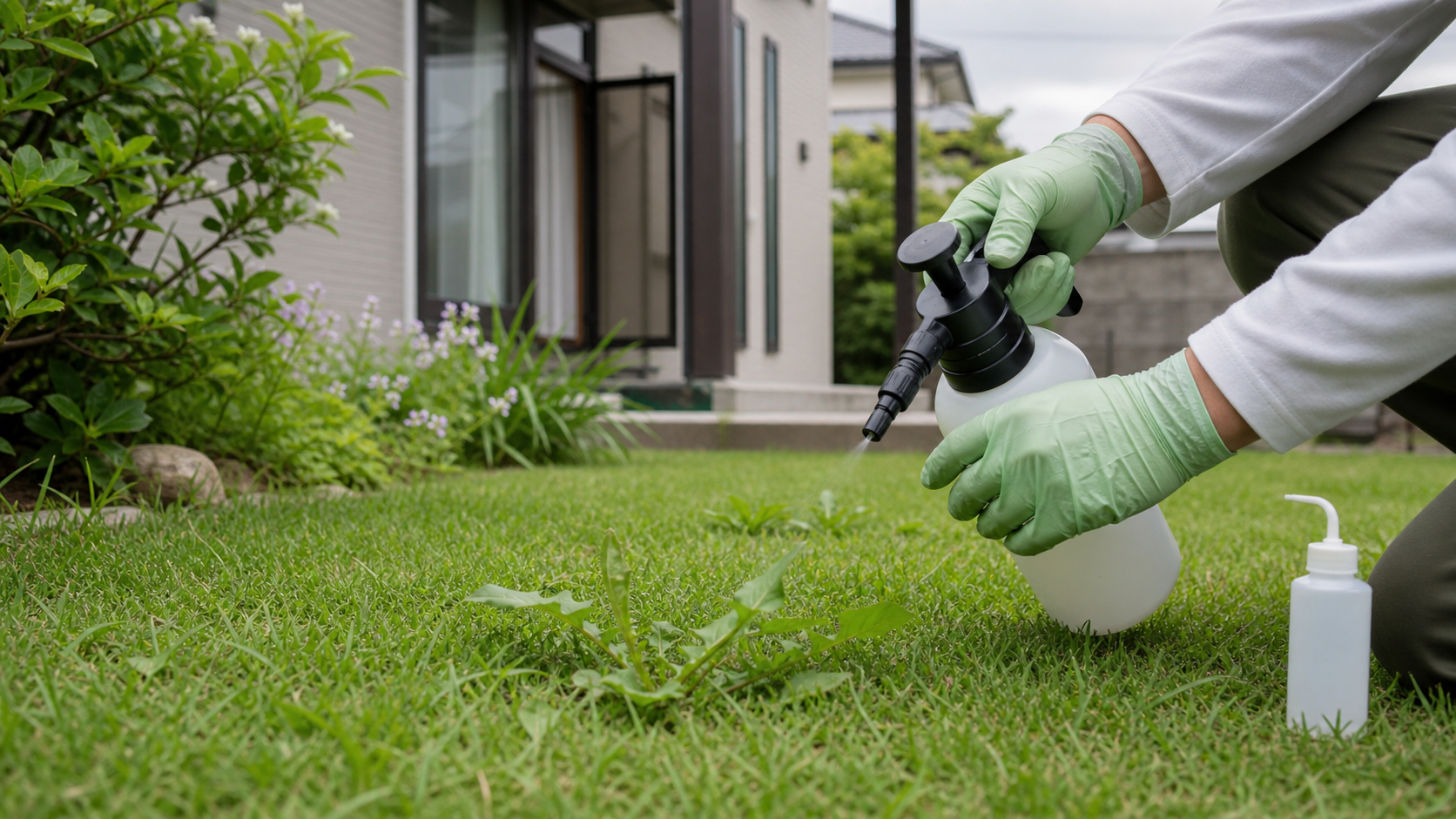芝生専用除草剤を雑草だけに慎重に散布する様子