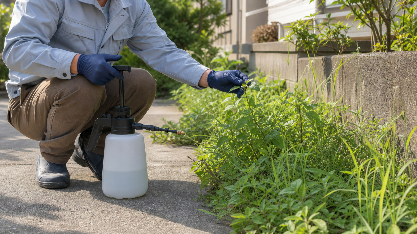 乾いた雑草の葉を確認して液体除草剤の散布準備をする様子