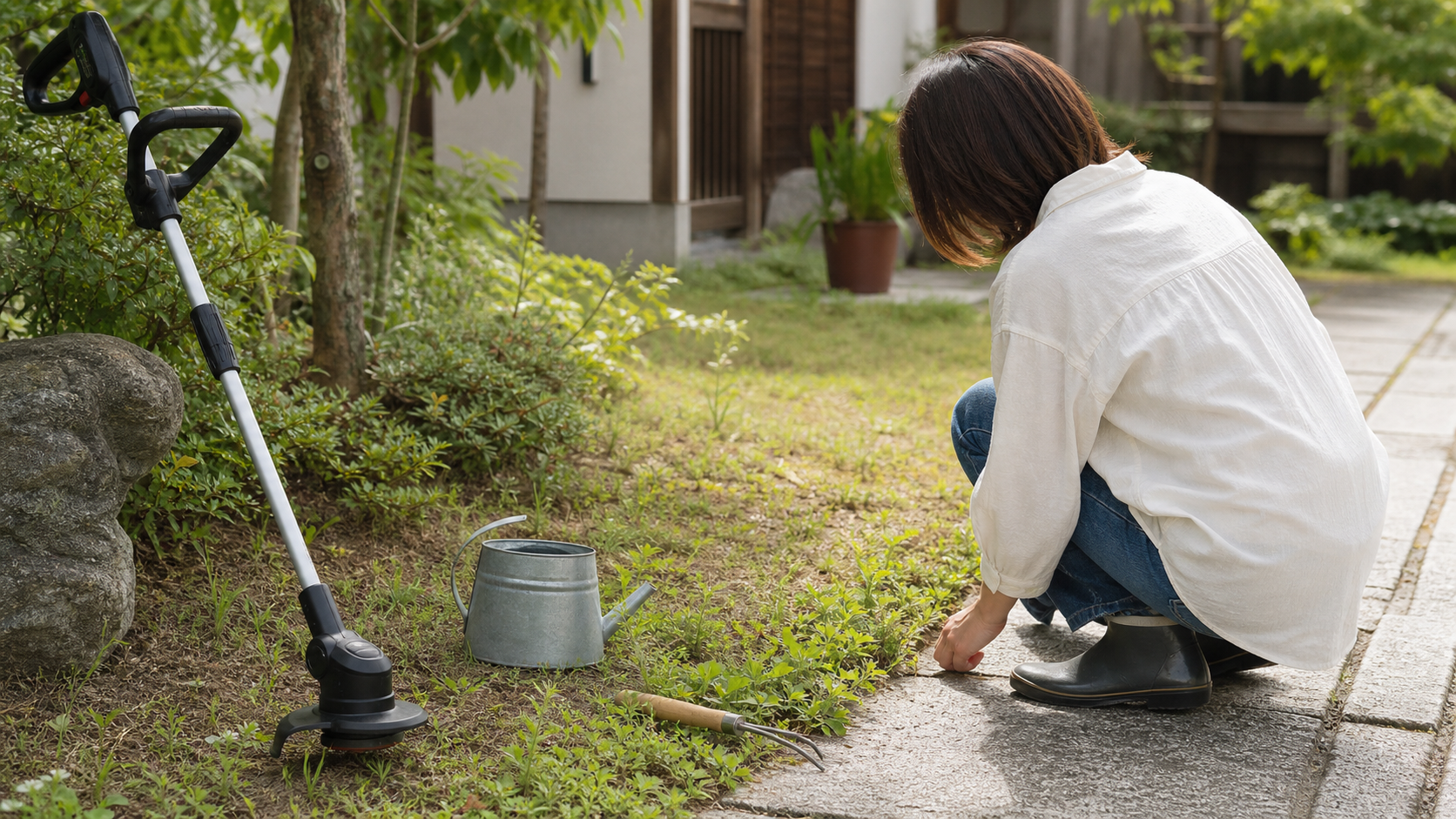 草刈機と草抜き道具を使いながら防草シート以外の雑草対策をする庭