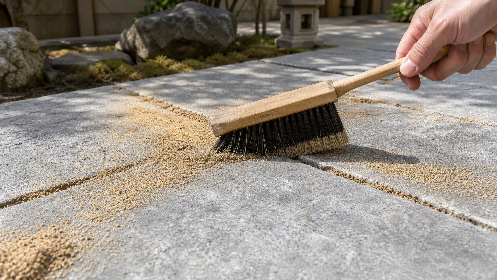 平板の目地に砂を入れて雑草と沈み込みを防ぐ作業