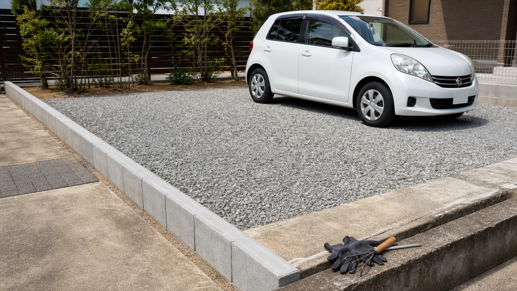 駐車場の雑草対策で草を抑えた砂利敷きの駐車場