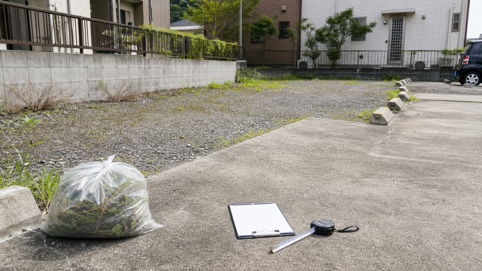 広い駐車場で雑草対策の費用を広さ別に確認する様子