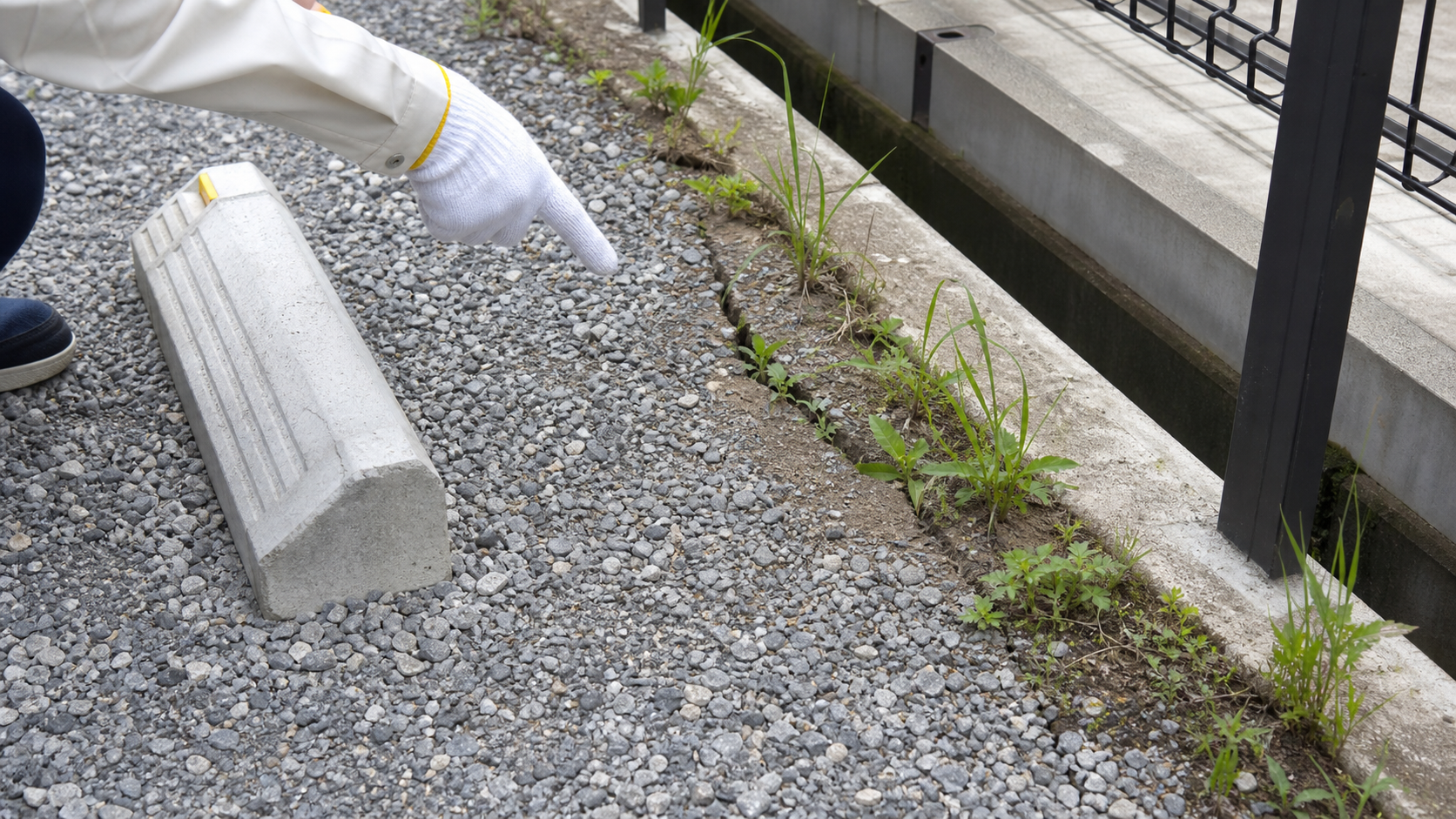 砂利やコンクリート目地や土のすき間に雑草が生える駐車場