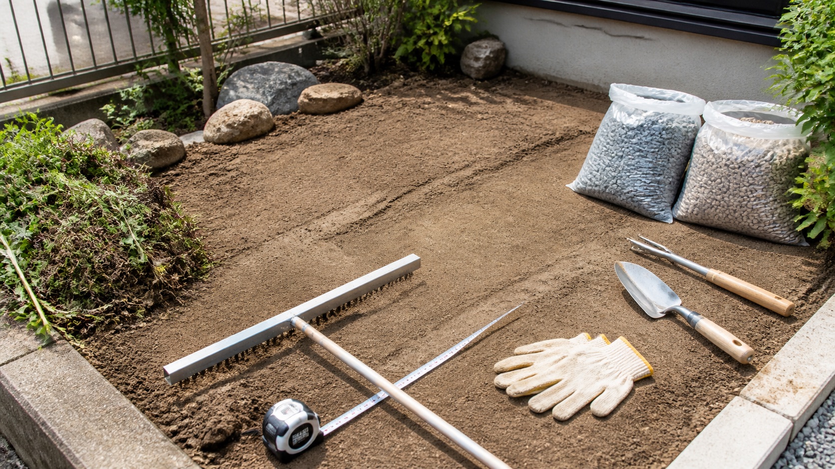 雑草対策DIYの下準備で草を抜き地面をならした庭