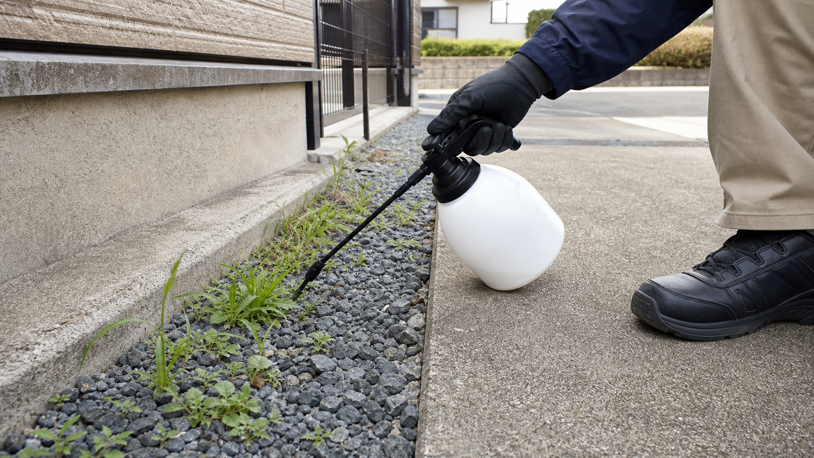 風の弱い日に雑草へ液体除草剤を低く散布する様子