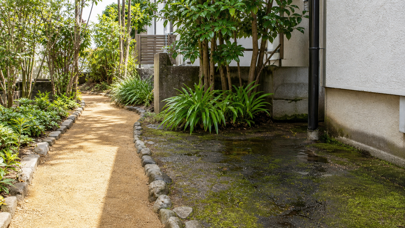 固まる土が向く乾いた通路と向かない湿った場所の比較イメージ