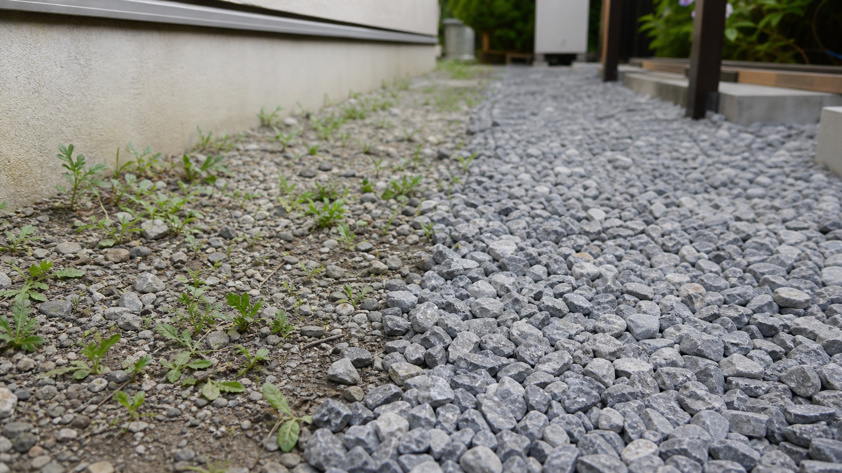 薄い砂利層から雑草が出る場所と厚く敷いた砂利の比較