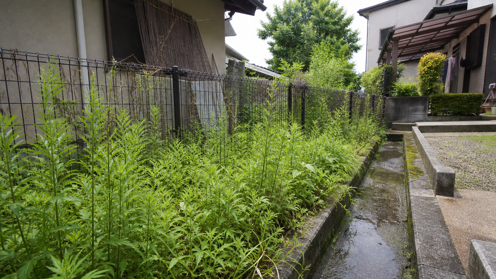 空き家の境界沿いに伸びた雑草と害虫対策が必要な水路まわり