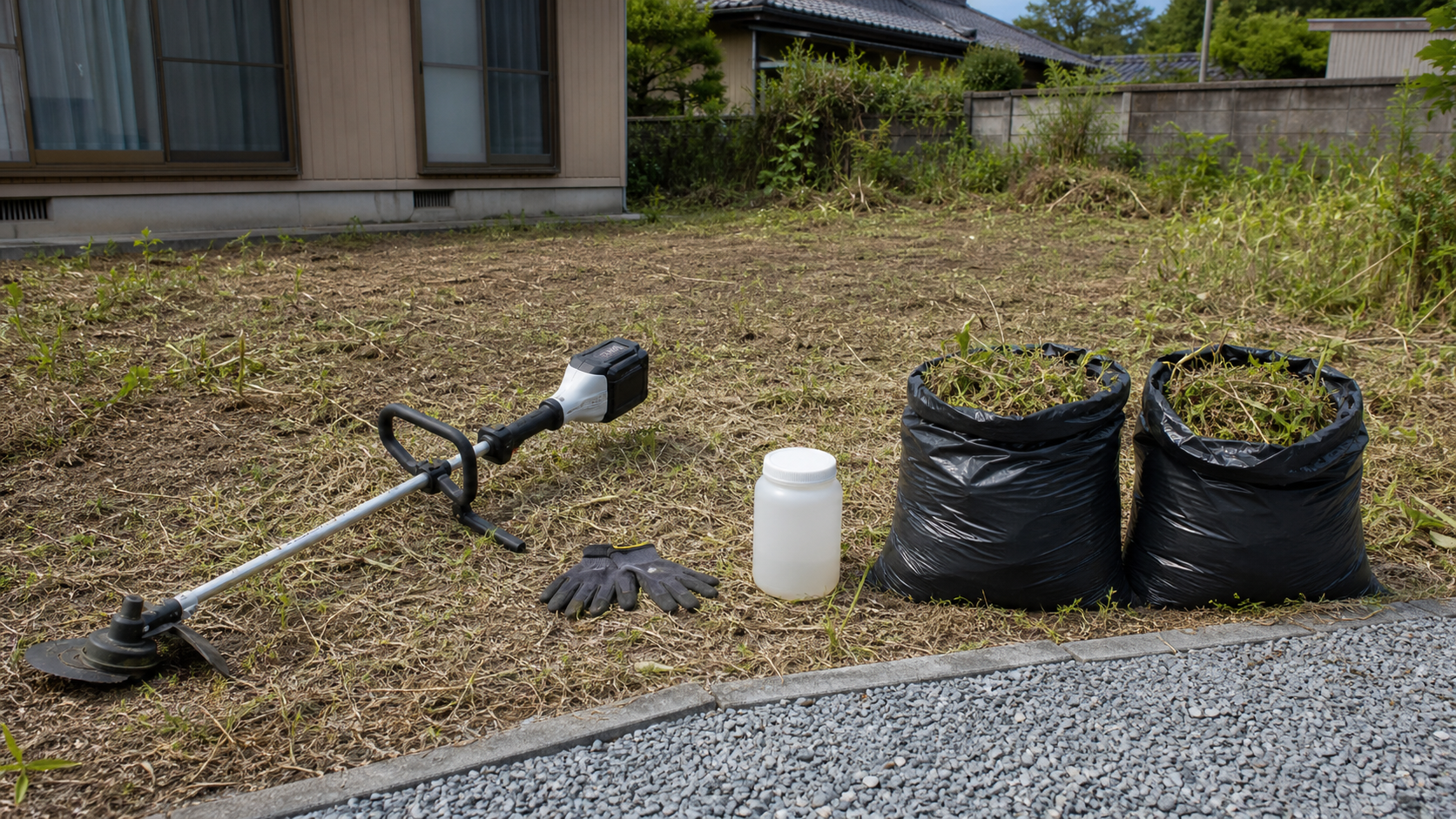 空き家の雑草対策に使う草刈機と刈り草袋と粒剤の準備