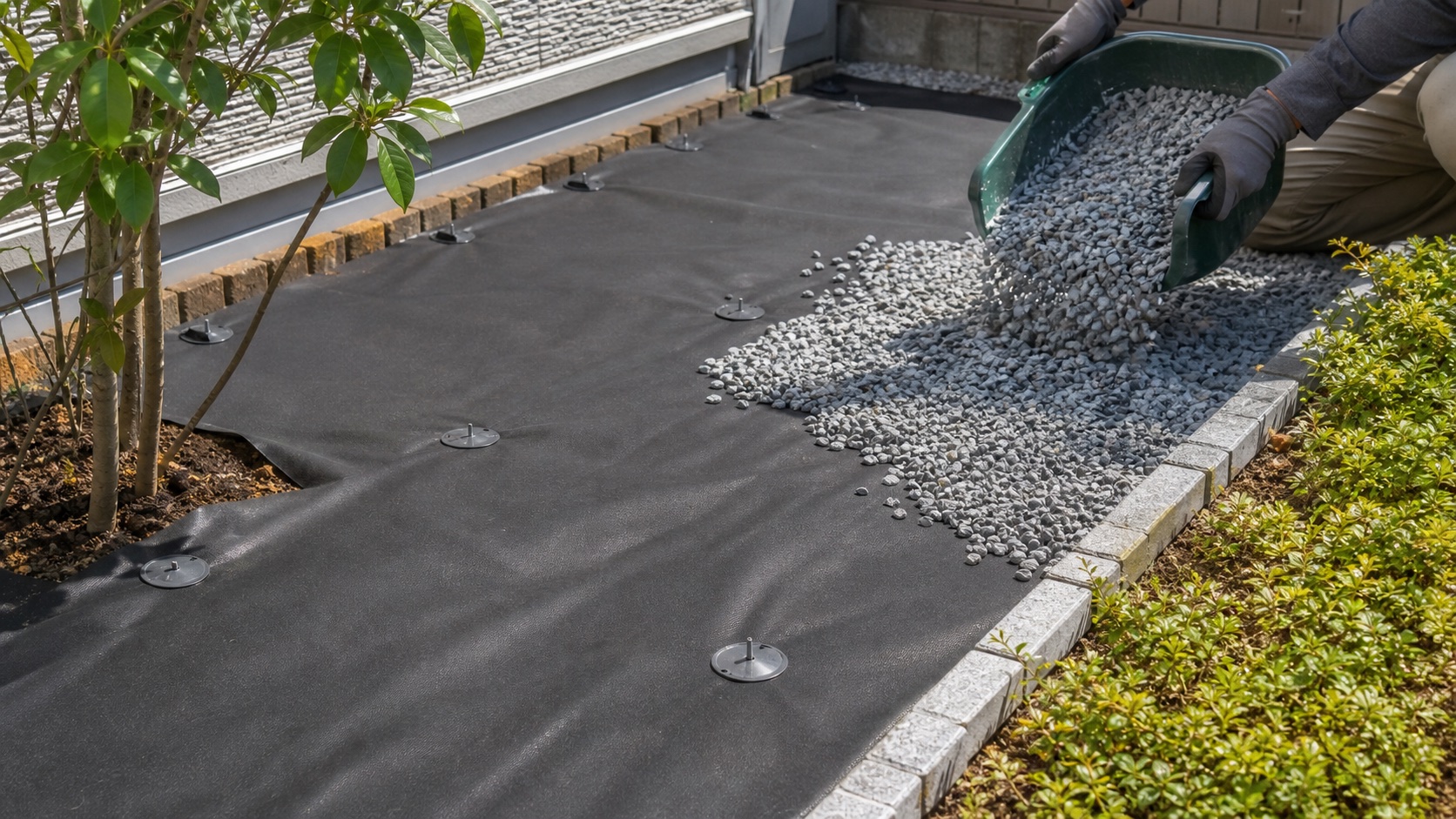 防草シートの上に砂利を敷く施工手順