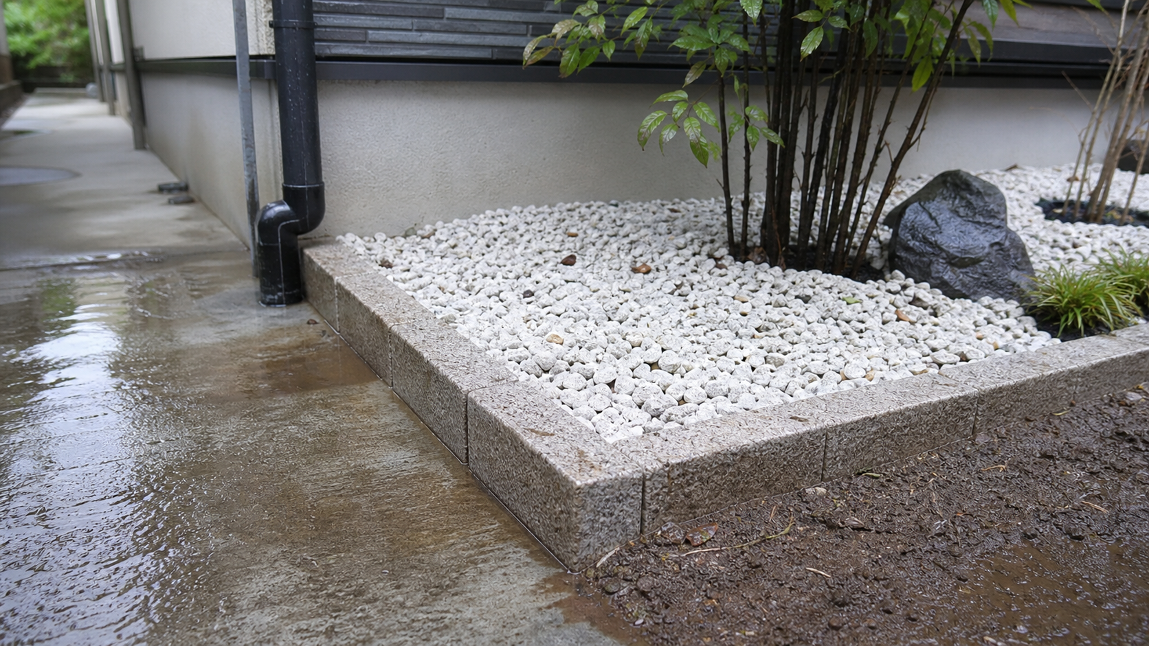 白い砂利の泥はねを縁取りと排水で防ぐ庭の例