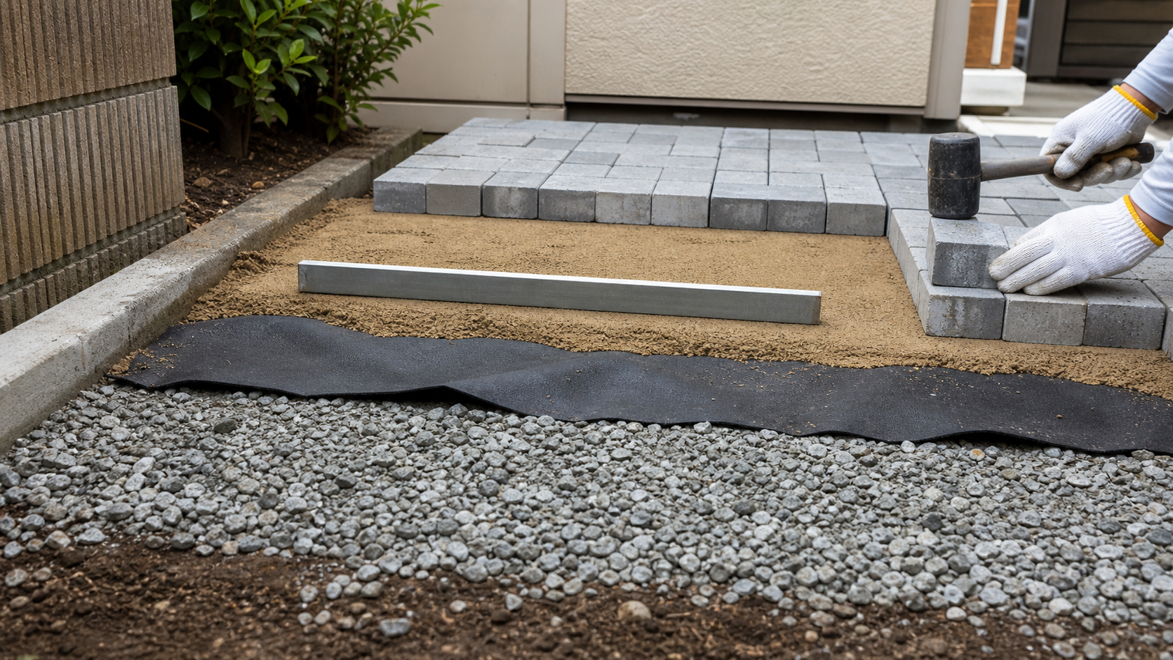 雑草対策ブロックDIYの砕石と砂と防草シートの下地づくり