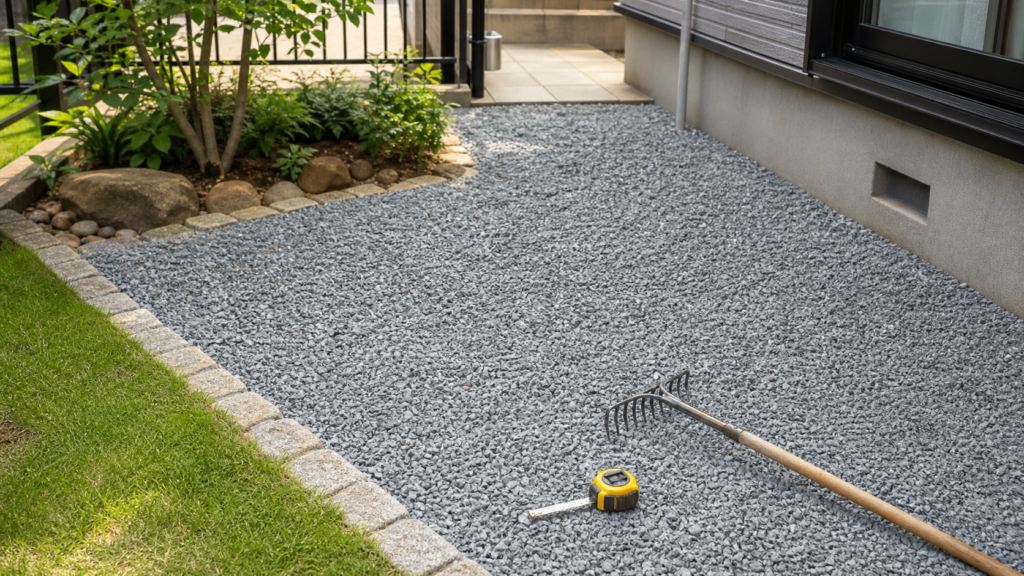 雑草対策の砂利を敷いた庭とDIY道具