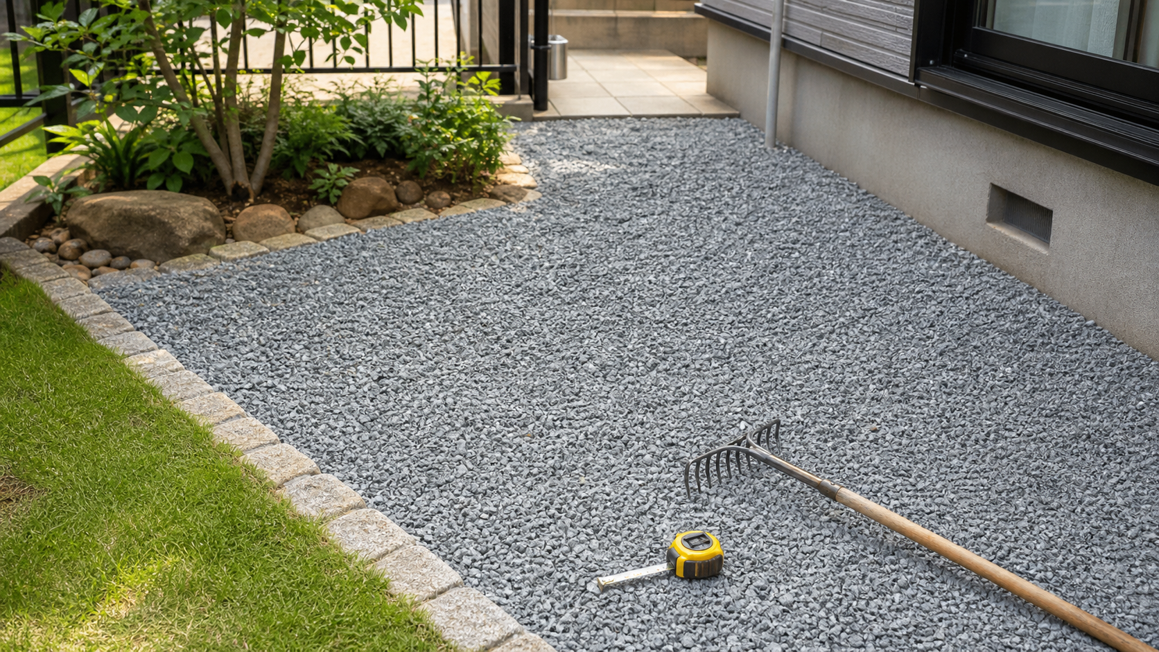 雑草対策の砂利を敷いた庭とDIY道具