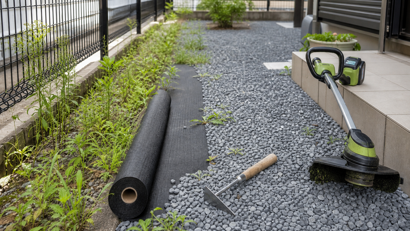 防草シートと草刈機と手作業道具を並べた庭の雑草対策