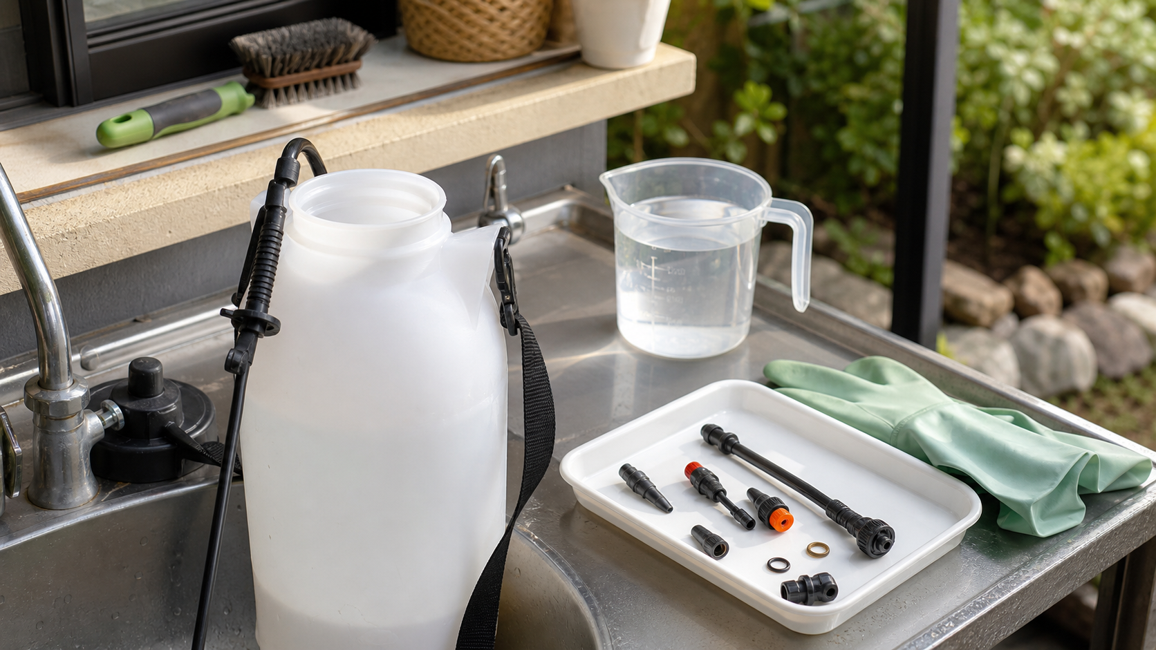 除草剤用噴霧器を使用後に洗浄して保管する様子