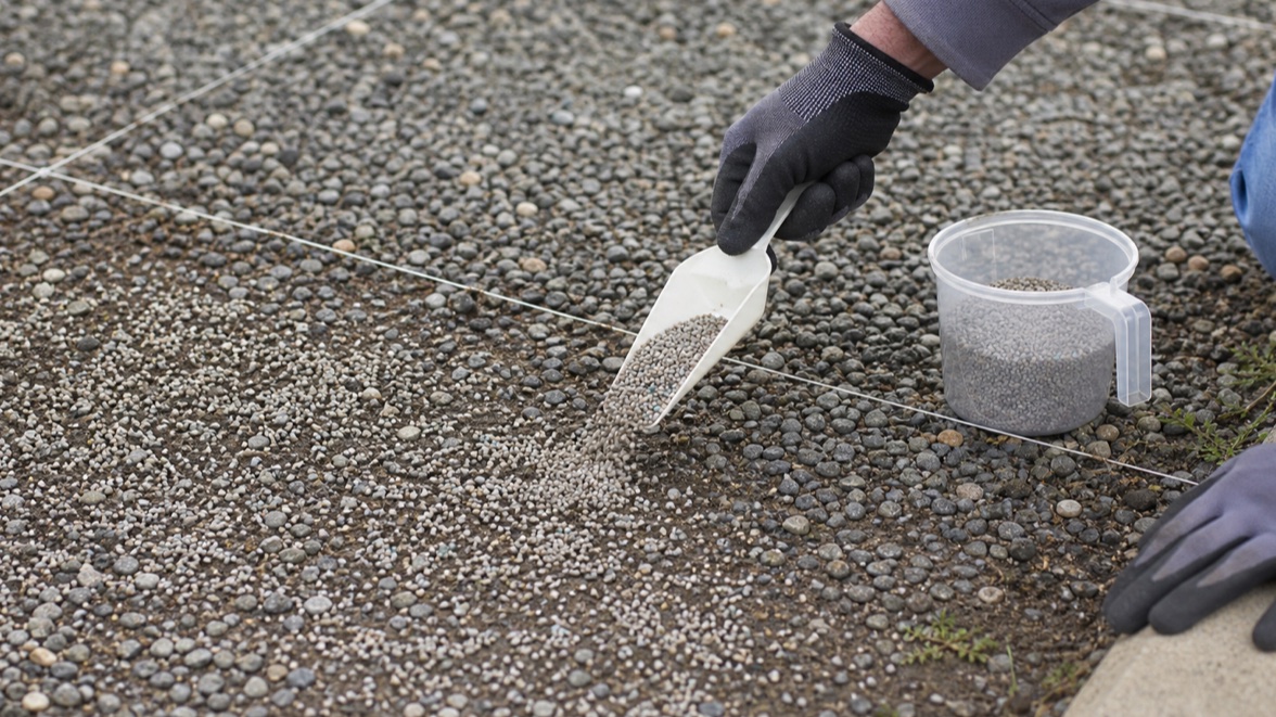 駐車場の区画ごとに粒剤を薄く均一に撒く作業