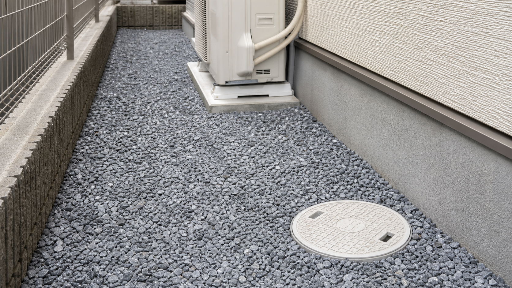 排水ますと室外機まわりを空けて砂利で仕上げた家の裏