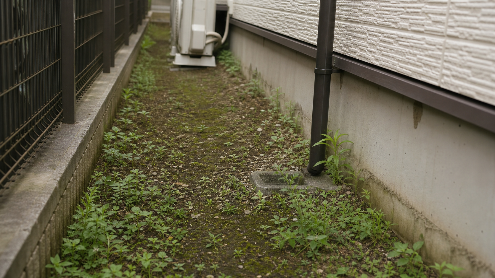 家の裏の日陰に雑草が伸びて湿気がこもる通路
