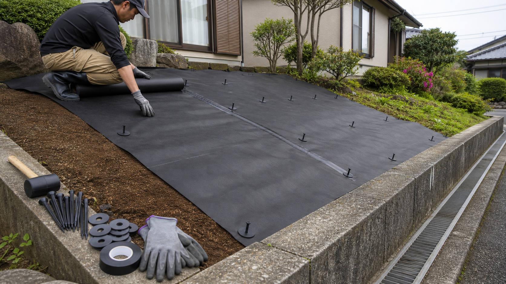 斜面に防草シートを敷いてピンで固定する施工手順