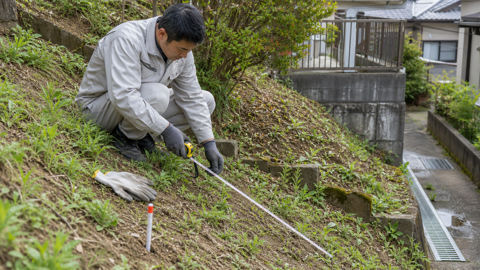 斜面の雑草対策前に勾配と排水を確認する様子