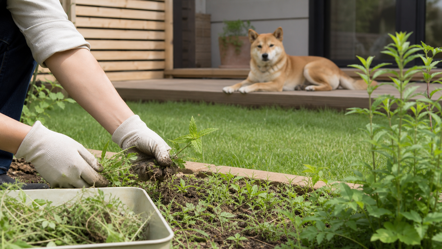 犬がいる庭で手作業によって雑草を抜く様子