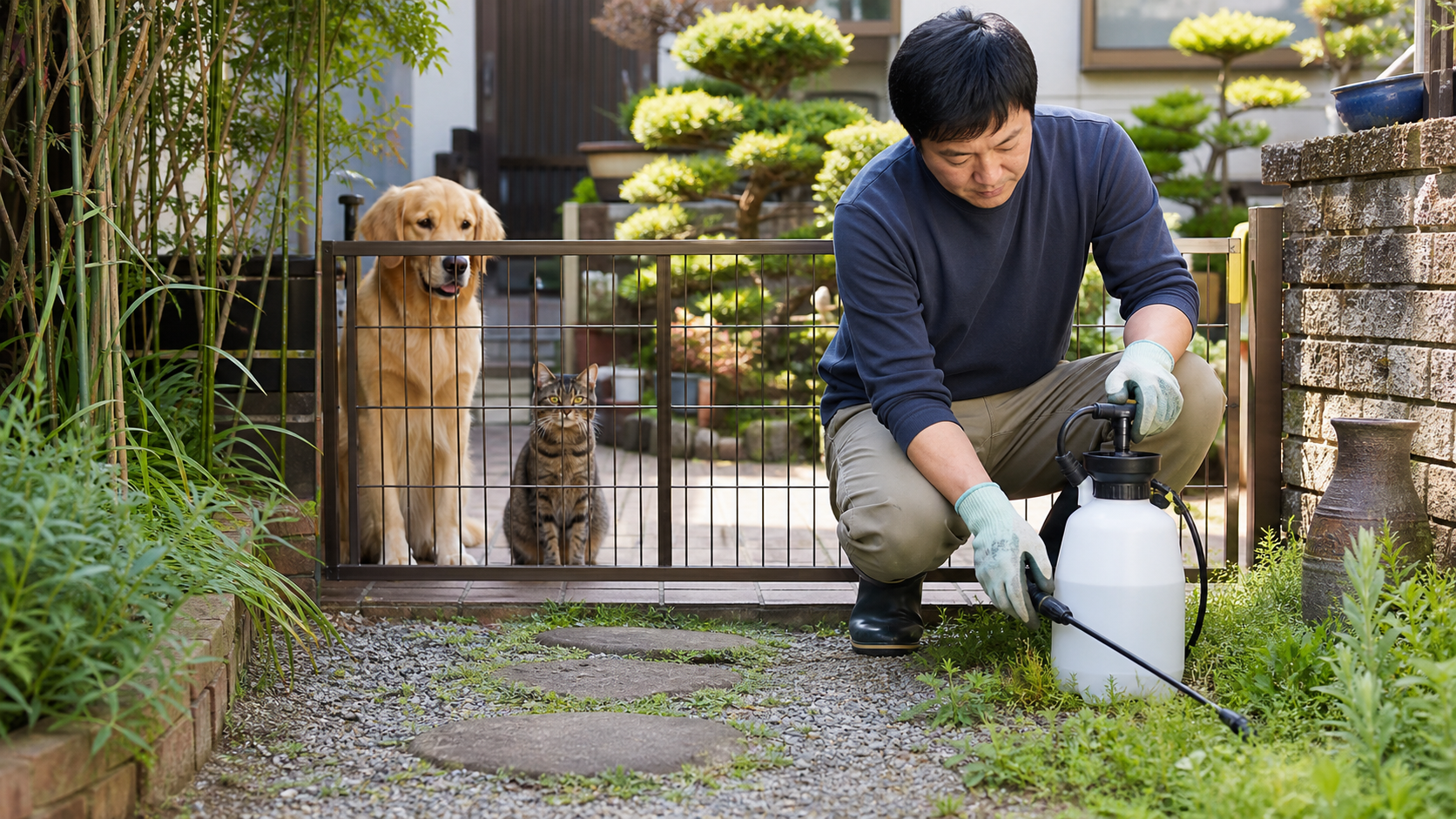 除草剤をまいた庭で犬と猫を柵の内側に待機させている様子