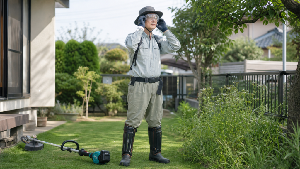 草刈り前に長袖長ズボンと保護メガネを着けた作業者
