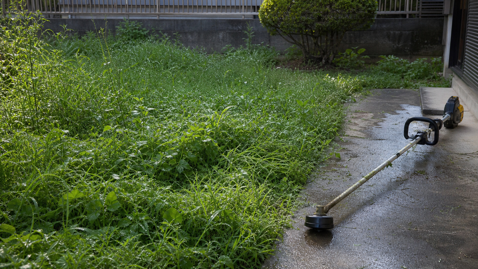 雨上がりの濡れた庭と草刈機