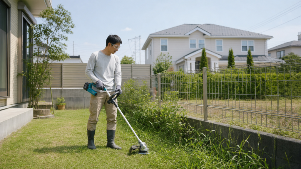 住宅街の庭で近所に配慮しながら草刈りをする様子