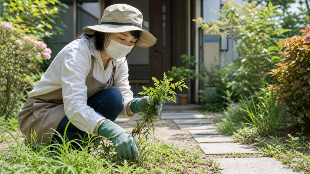 庭の雑草でかぶれる前に服装を整えて草むしりする様子