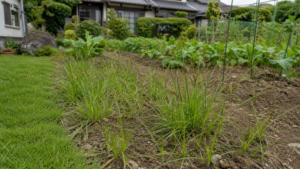 庭と畑に広がるハマスゲの雑草