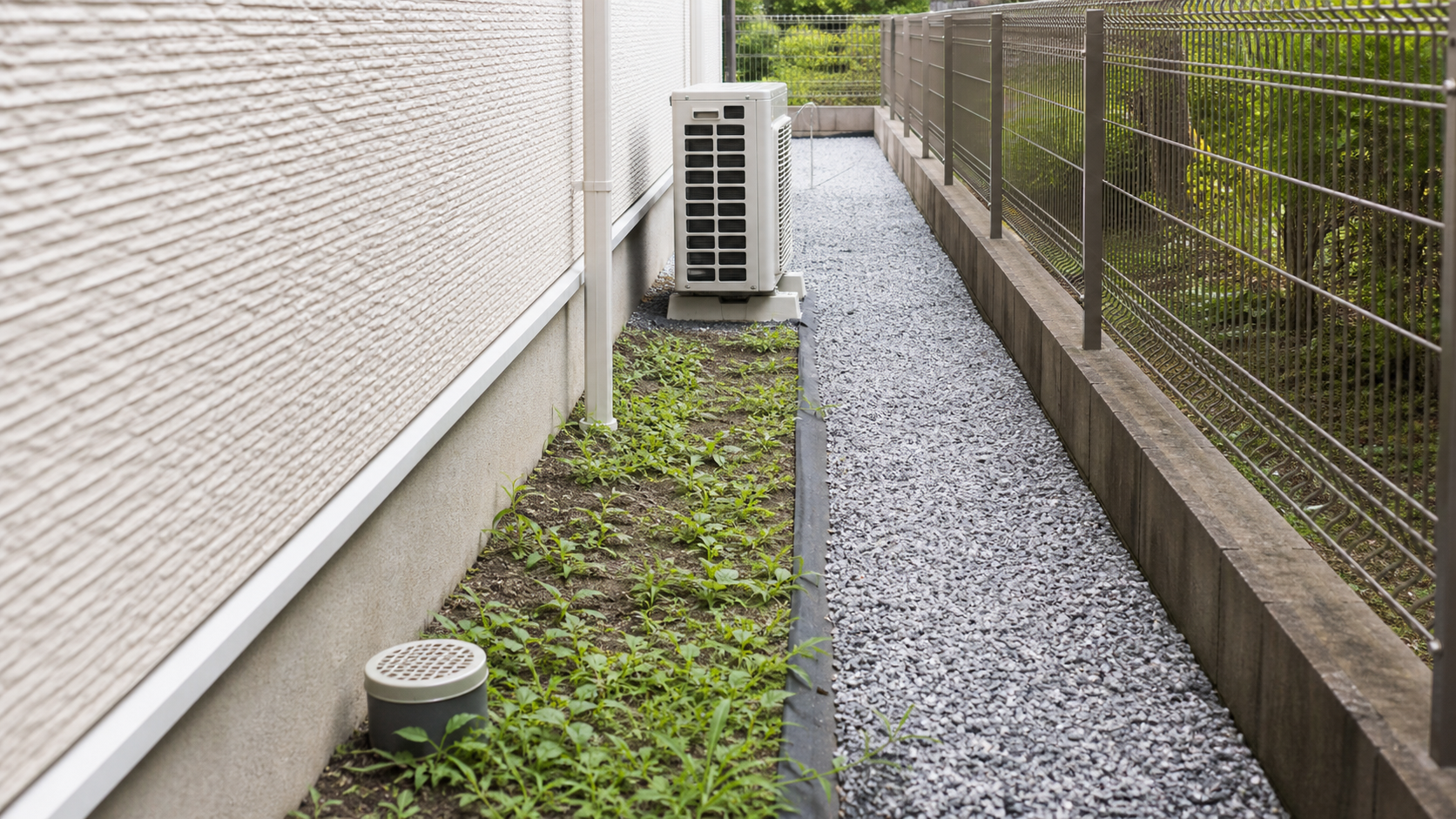 家の裏の雑草対策で未施工部分と砂利仕上げを比較した通路