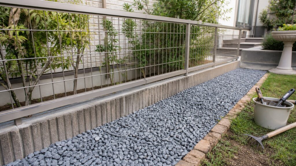 フェンス下の雑草対策で防草シートと砂利を敷いた住宅の庭
