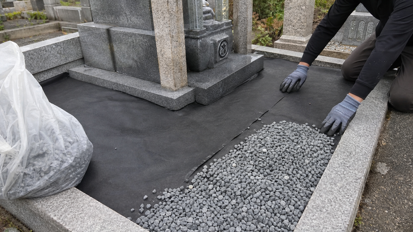 お墓まわりに防草シートと砂利を敷く作業